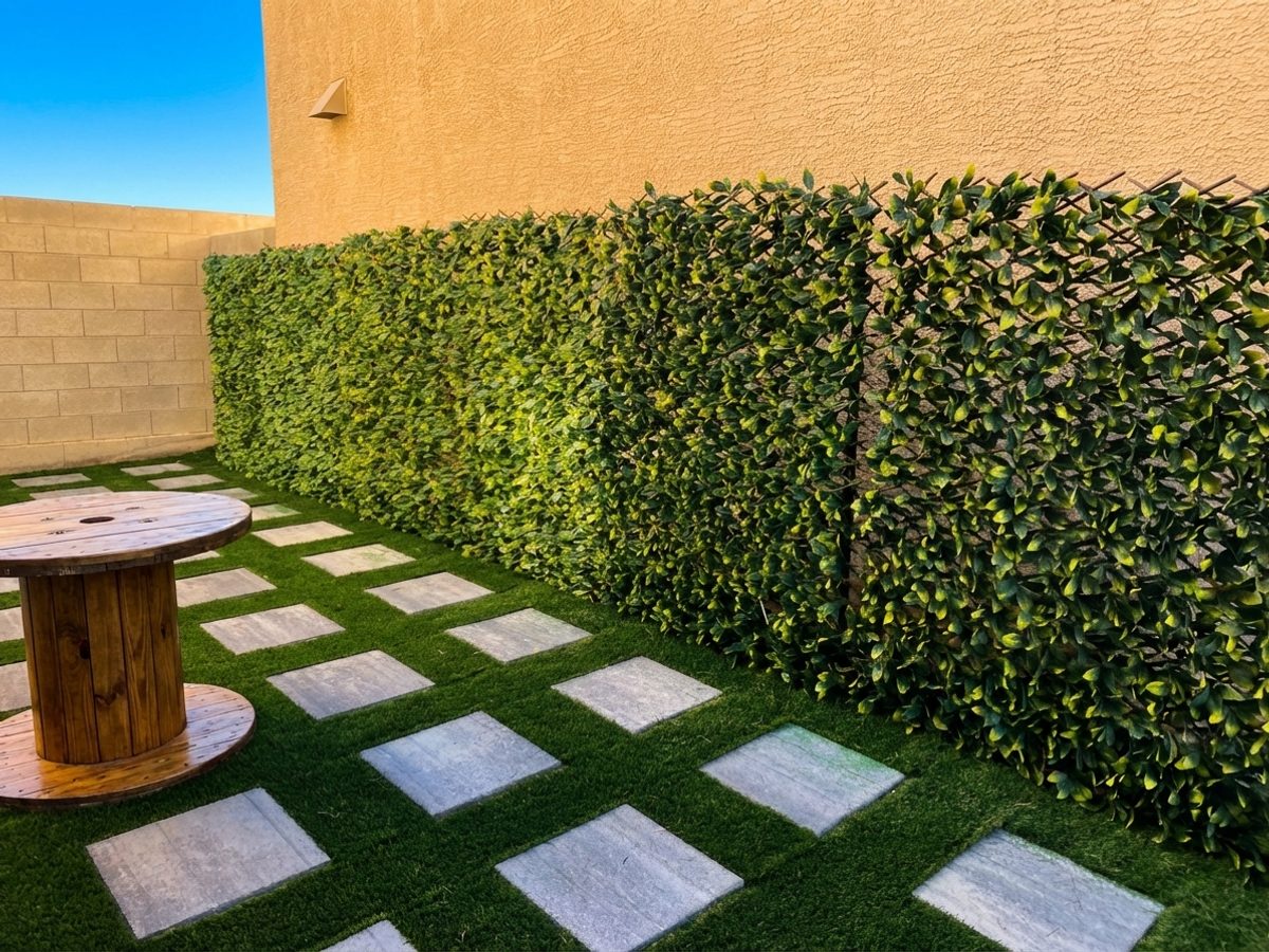 Artificial hedge feature wall with synthetic turf in Las Vegas NV