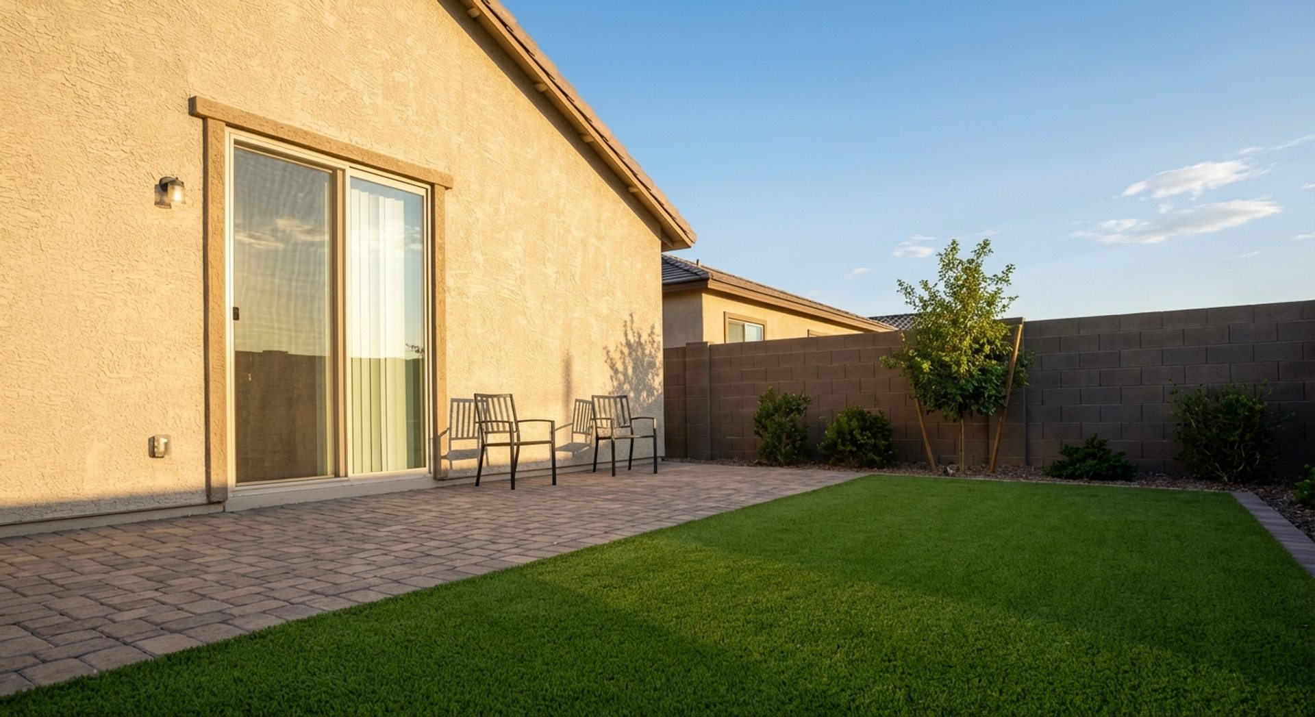 Synthetic turf and paver hardscape installation in Henderson NV backyard