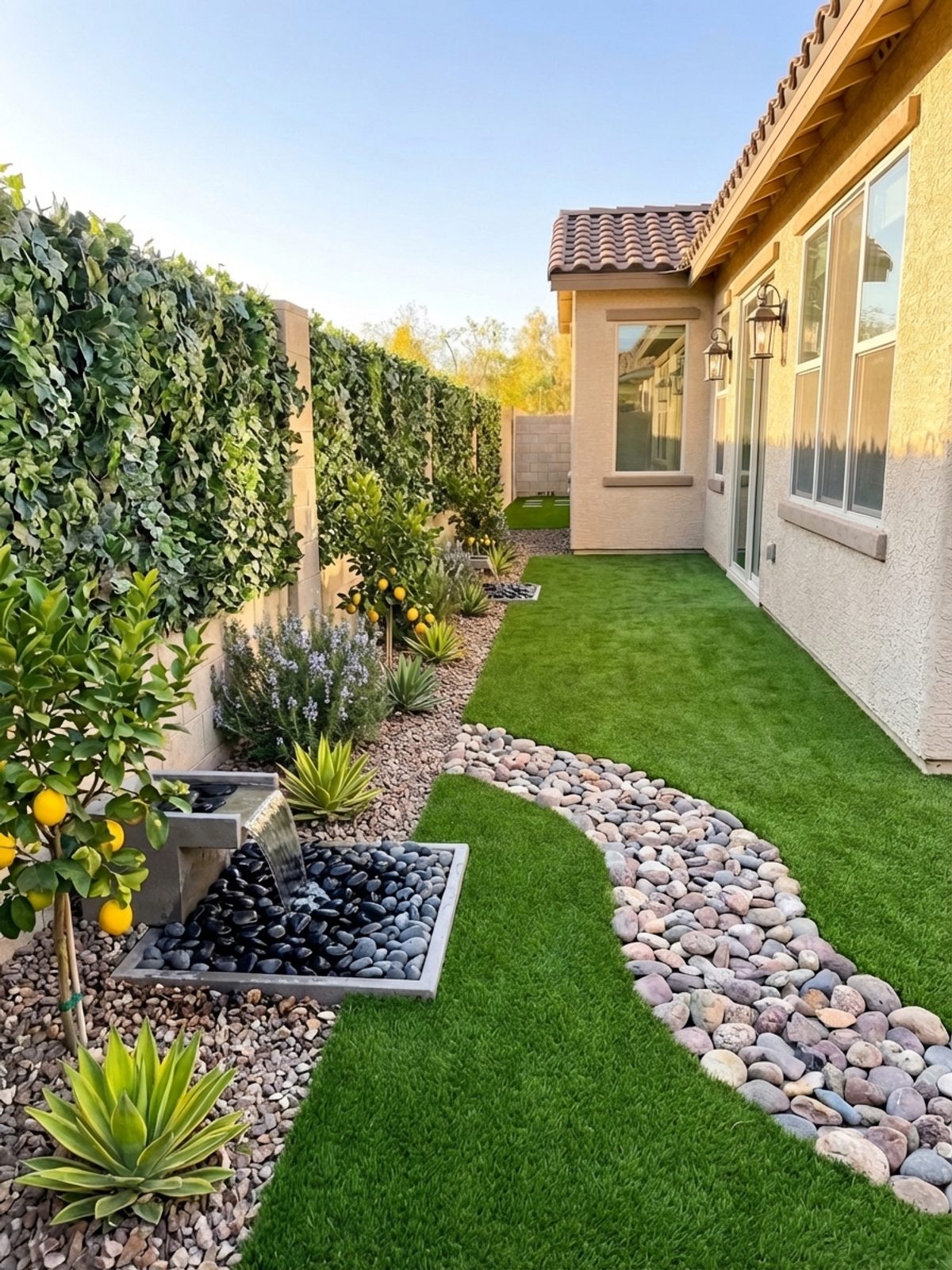 Las Vegas estate backyard with artificial turf pathway and water feature